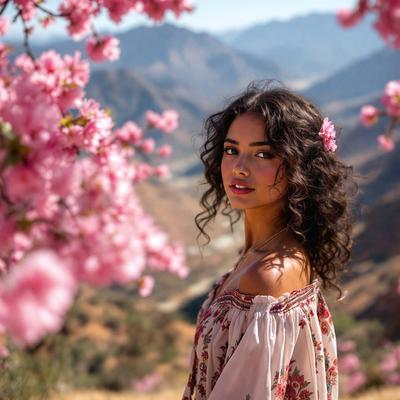 The primary subject of the image is a woman with long, curly hair, standing in a field of pink flowers. She is wearing a floral top and appears to be enjoying her time in the beautiful, natural setting. The visual style of the image is a photo, capturing the woman and her surroundings in a realistic manner. The colors and mood of the image are predominantly pink, creating a warm and inviting atmosphere.